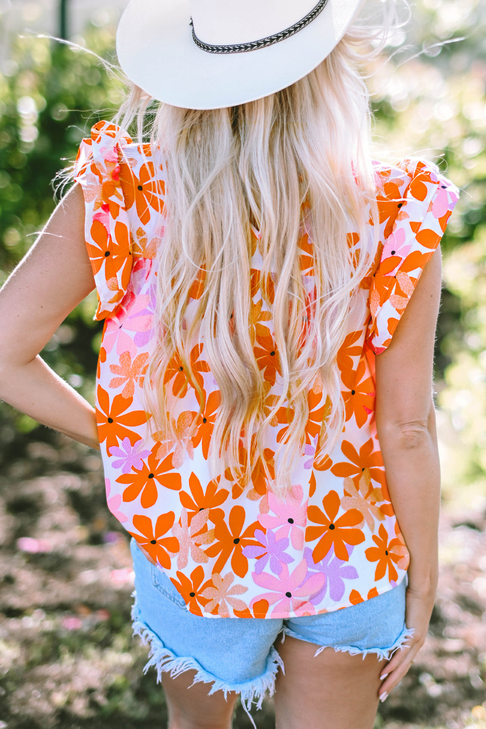  Ruffled Orange and Pink Floral Top