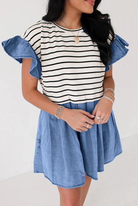 Denim Stripe Ruffle Mini Dress