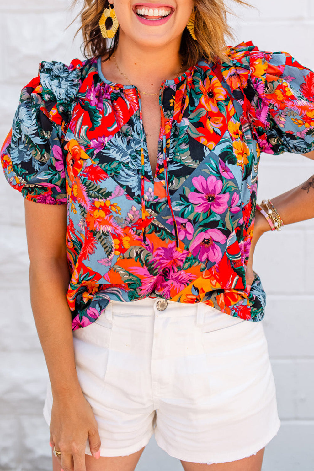 Red Ruffled Multicolor Floral Blouse