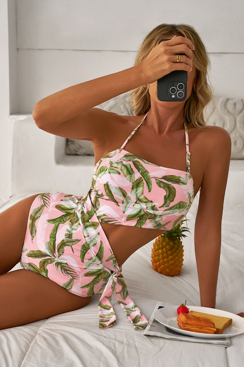 Pink Tropical Asymmetric Halter One Piece Swimsuit