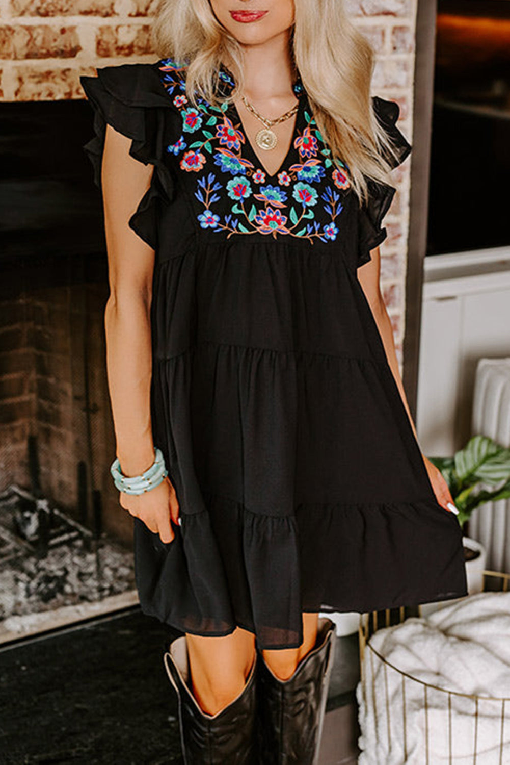 Boho Ruffled Black Floral Mini Dress