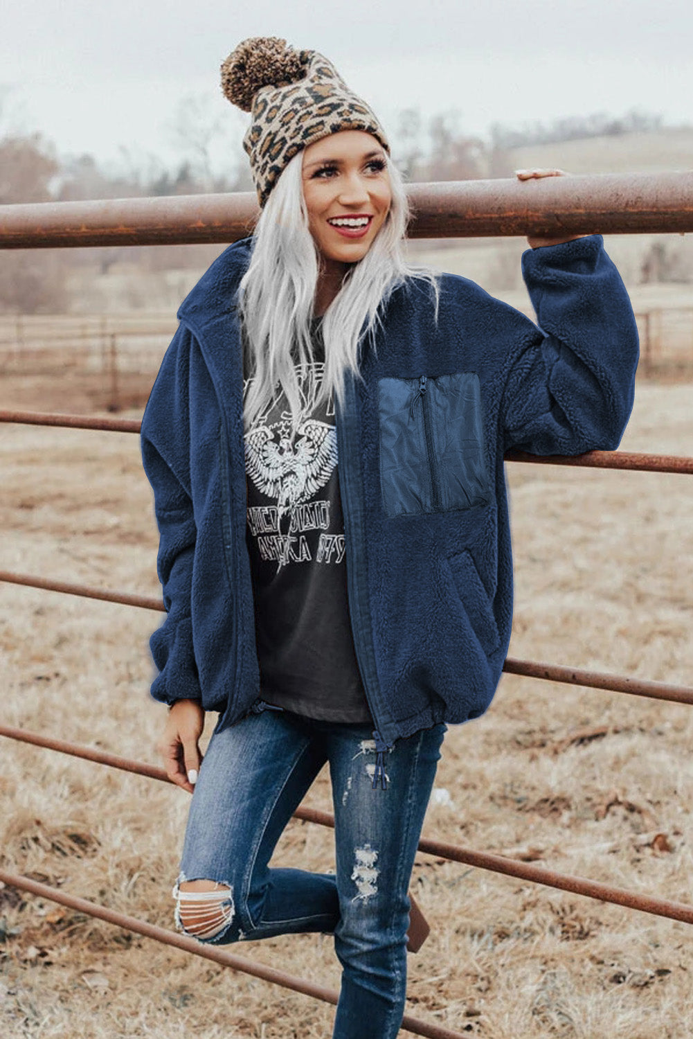 Fuzzy Navy Sherpa Coat 