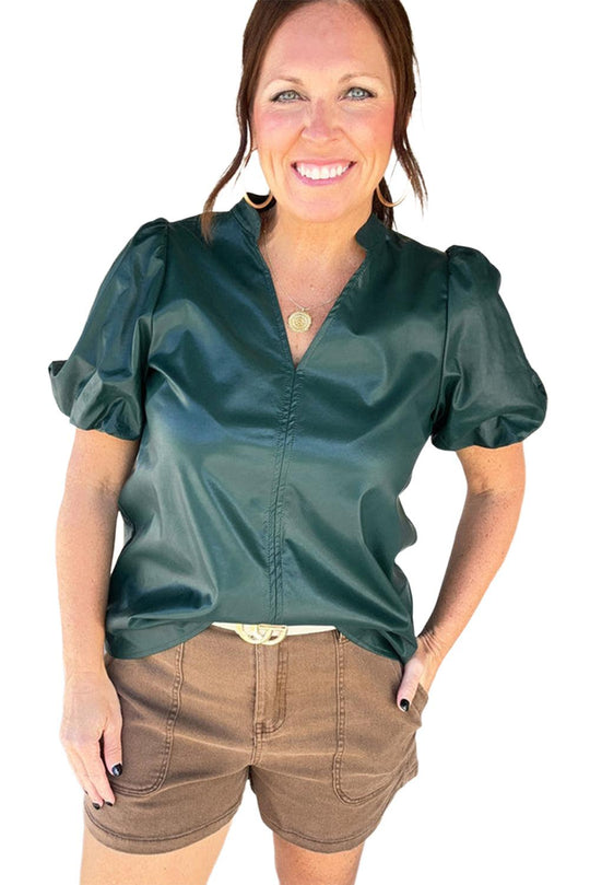 Pleather Hunter Green Puff Sleeve Blouse