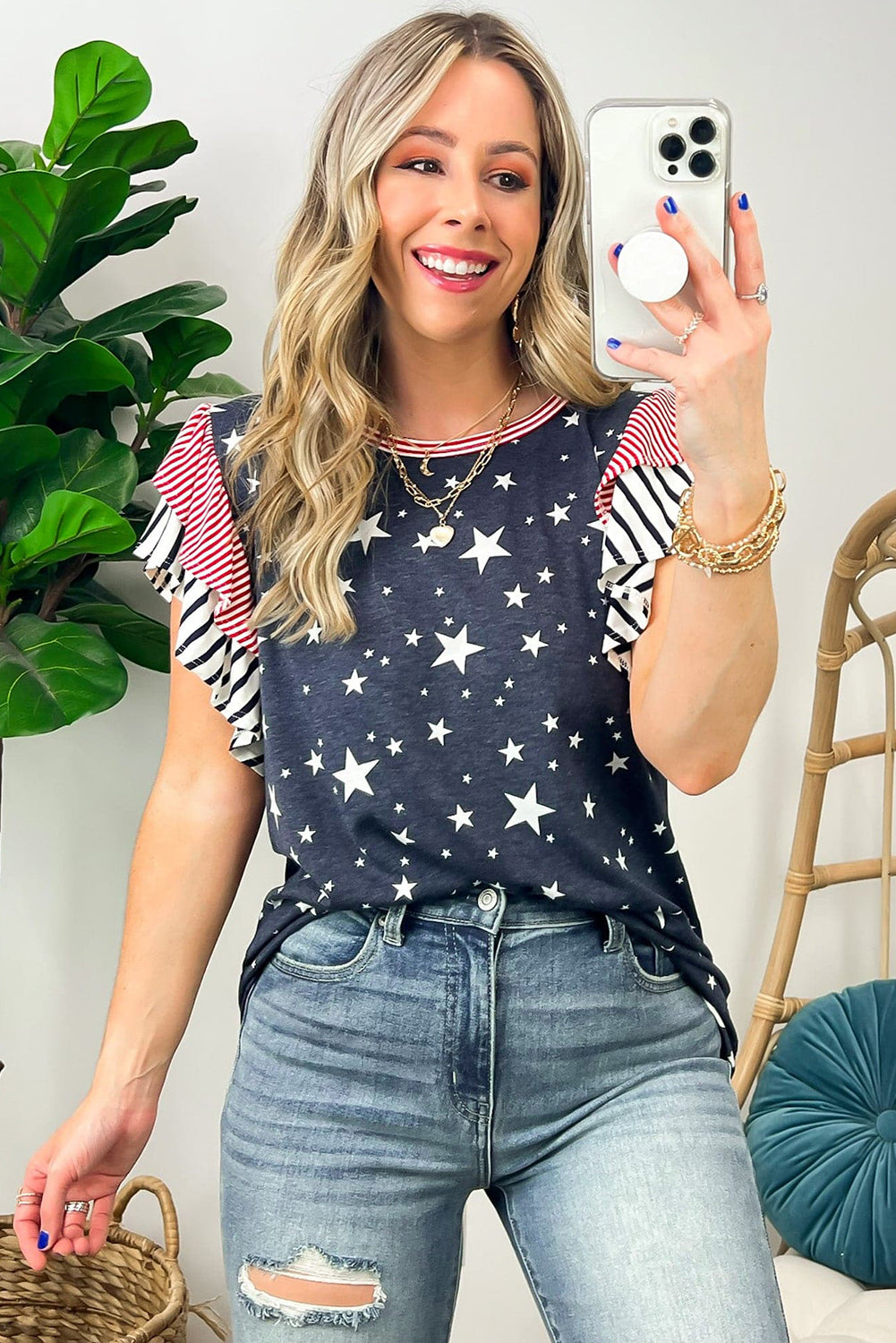 Gray Striped Ruffled Sleeve Star T Shirt