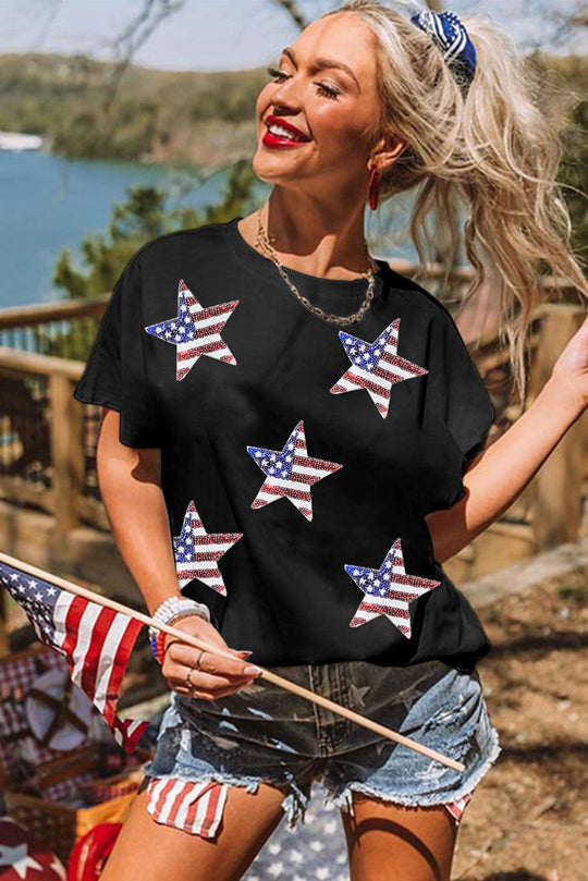 White Sequined American Flag Star Graphic T Shirt