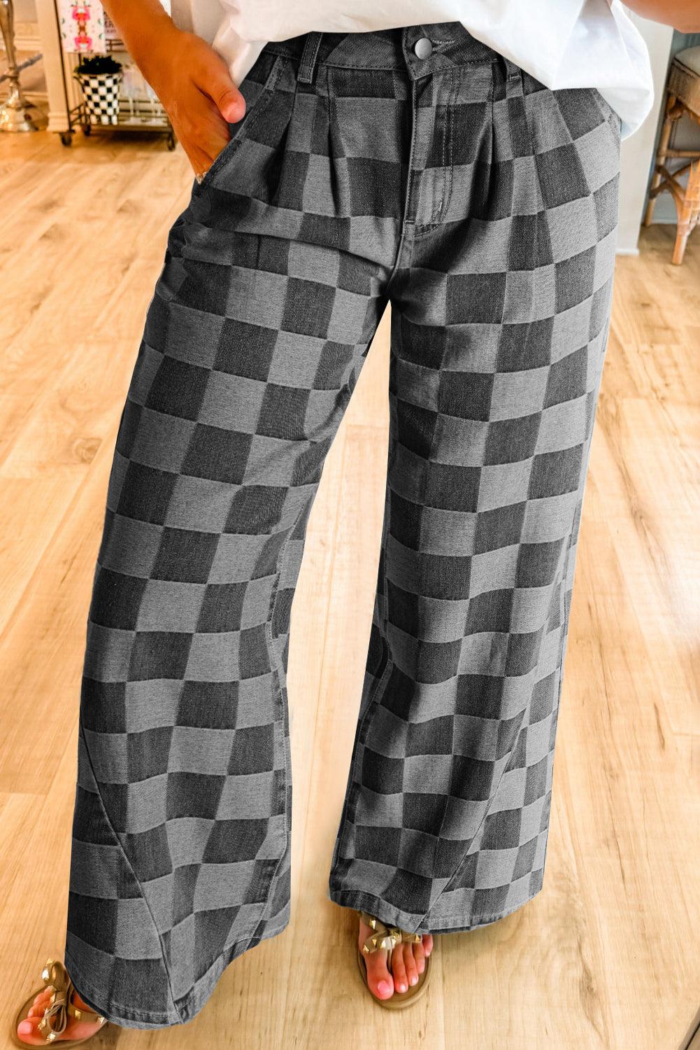  Checkered Denim Wide Leg Denim