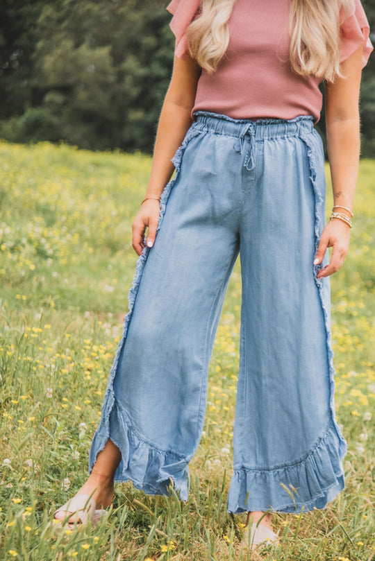  Ruffled Wide Leg Denim Jeans