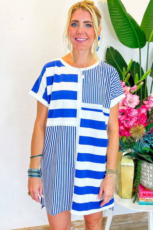 Mixed Stripes Royal Blue Mini T-Shirt Dress