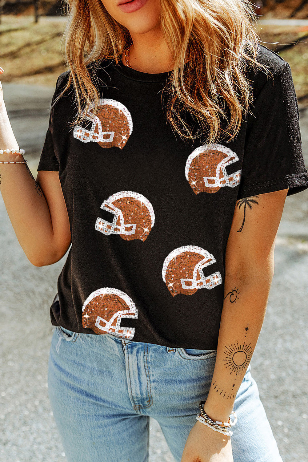 Sequin Football Helmet Graphic T Shirt