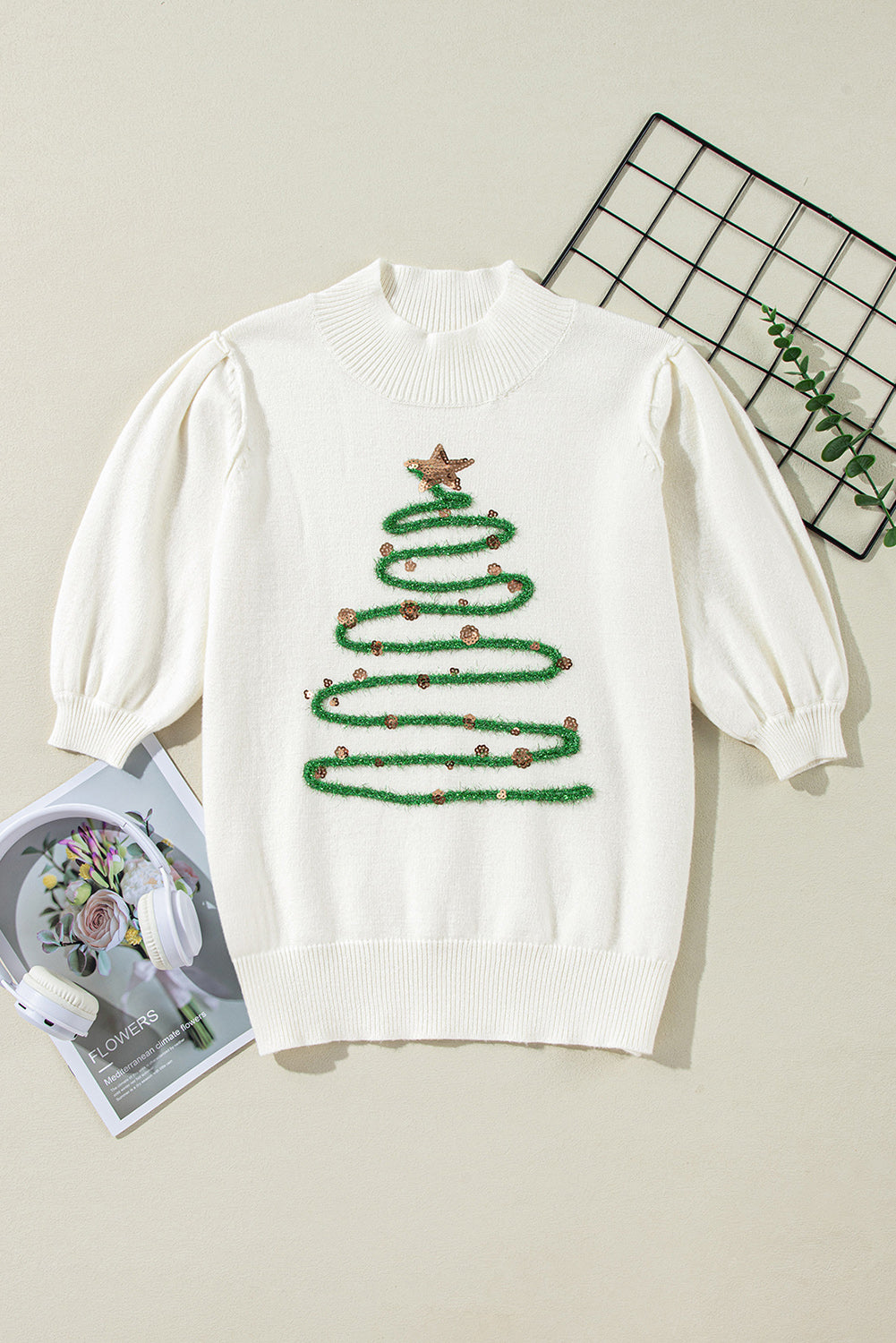 Christmas Tree Tinsel Graphic Puff Sweater Blouse