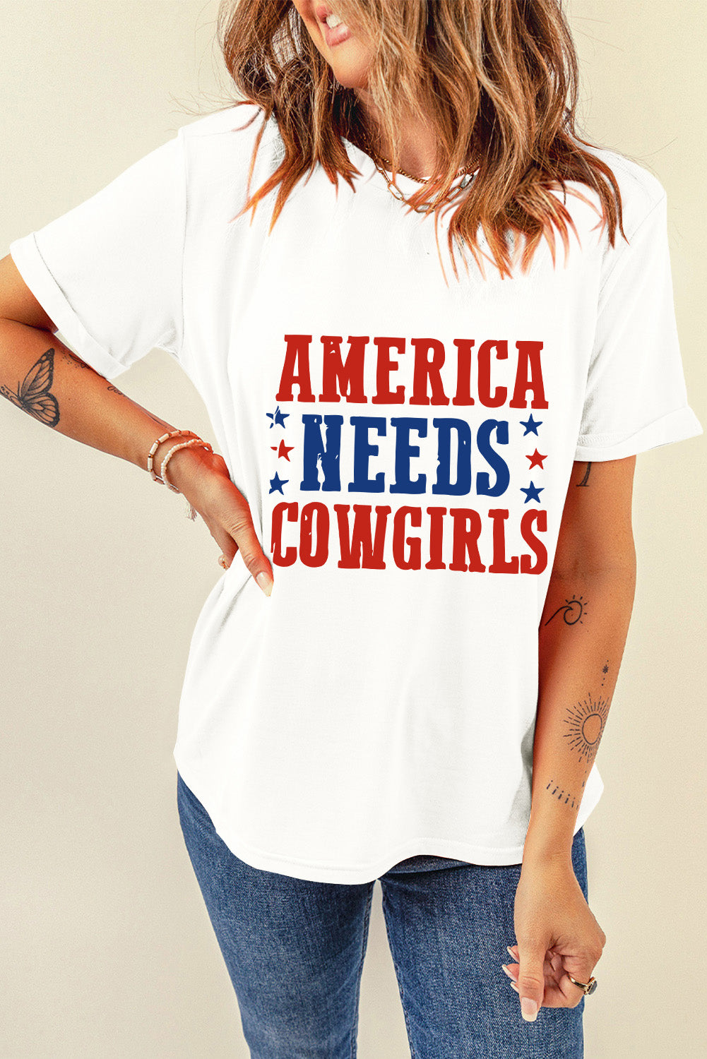 "America Needs Cowgirls" White Graphic T-Shirt