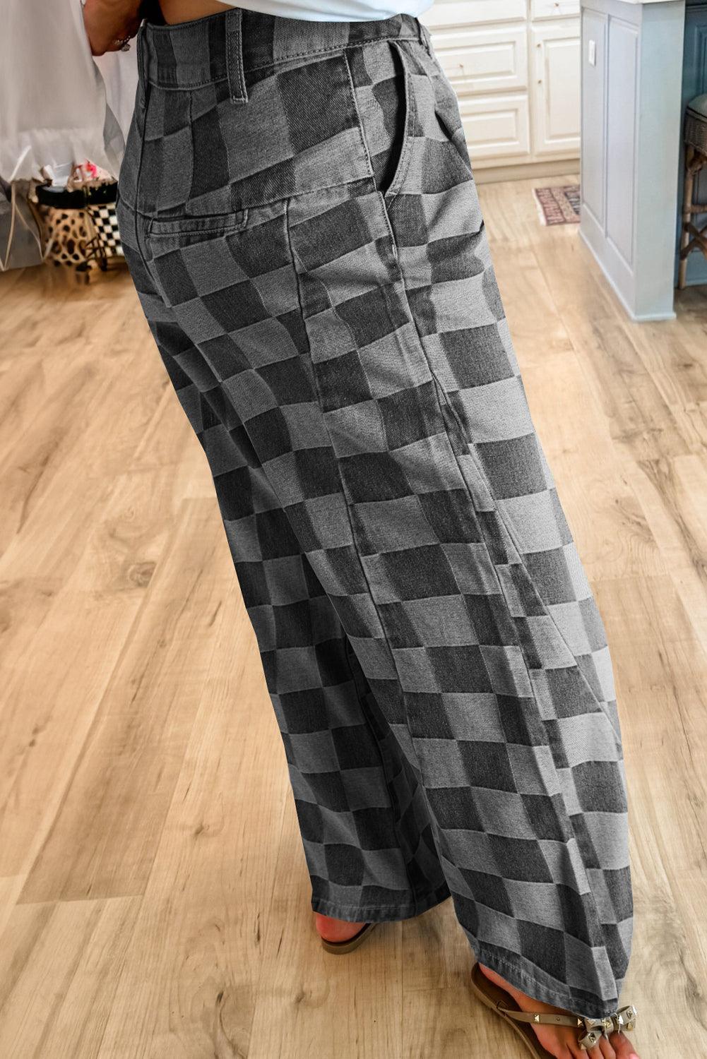  Checkered Denim Wide Leg Denim