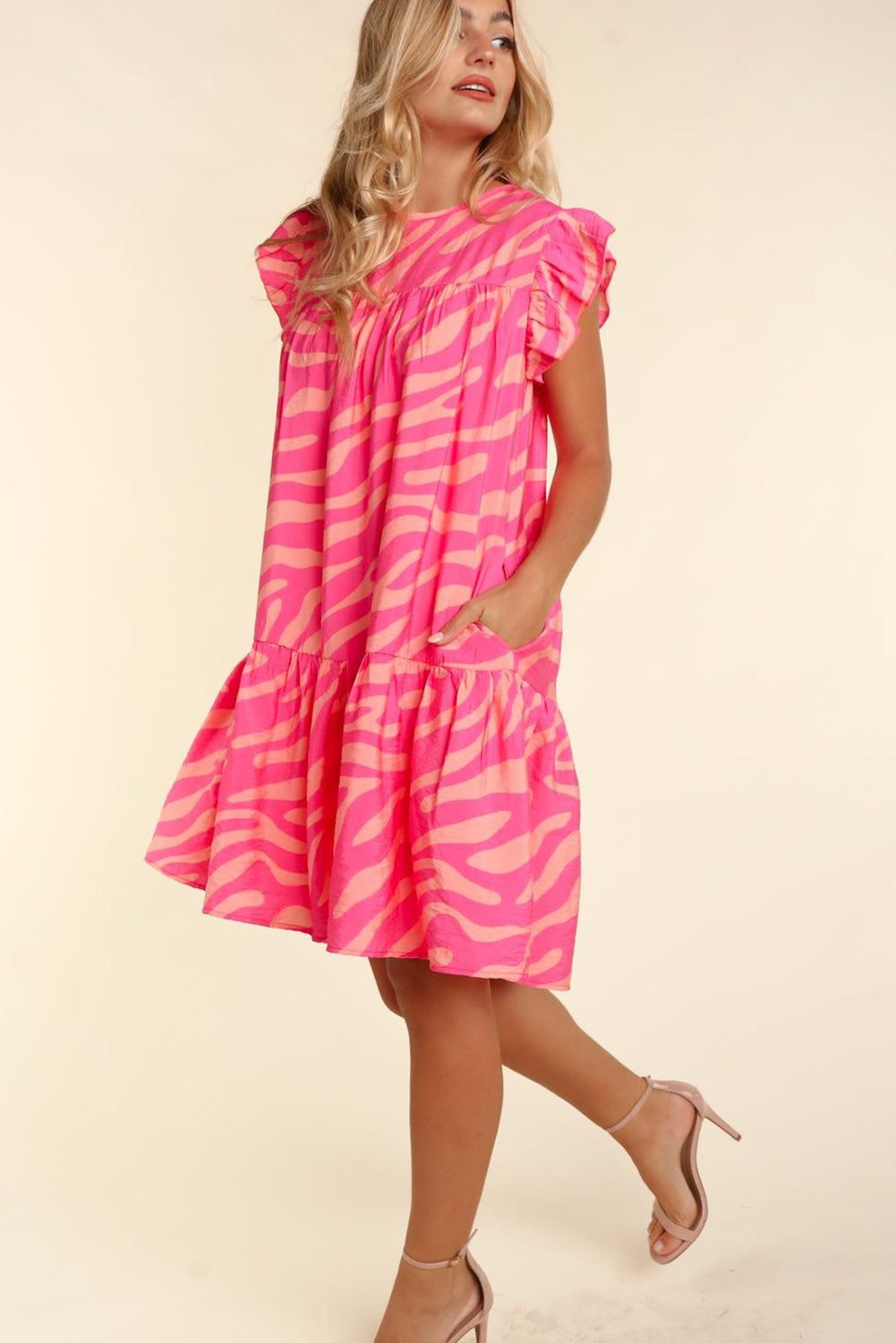 Ruffle Pink Zebra Stripe Pocketed Dress