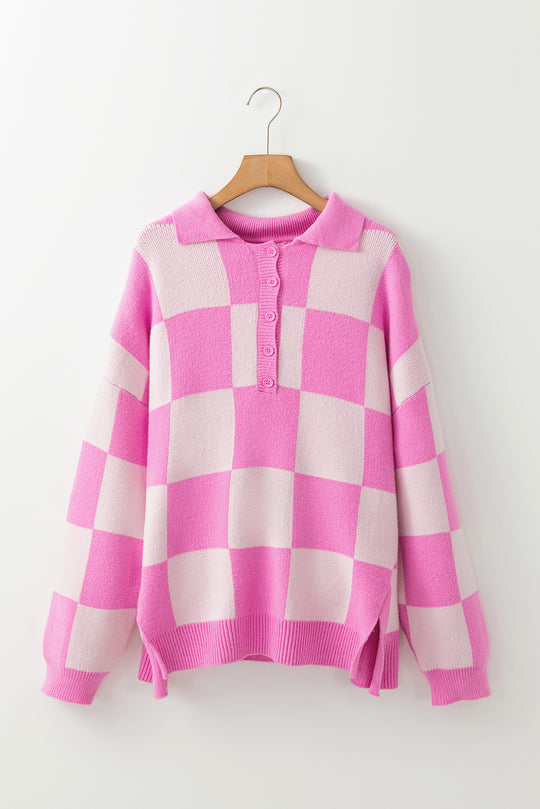 Sadie Checkerboard Half Button Collared Sweater