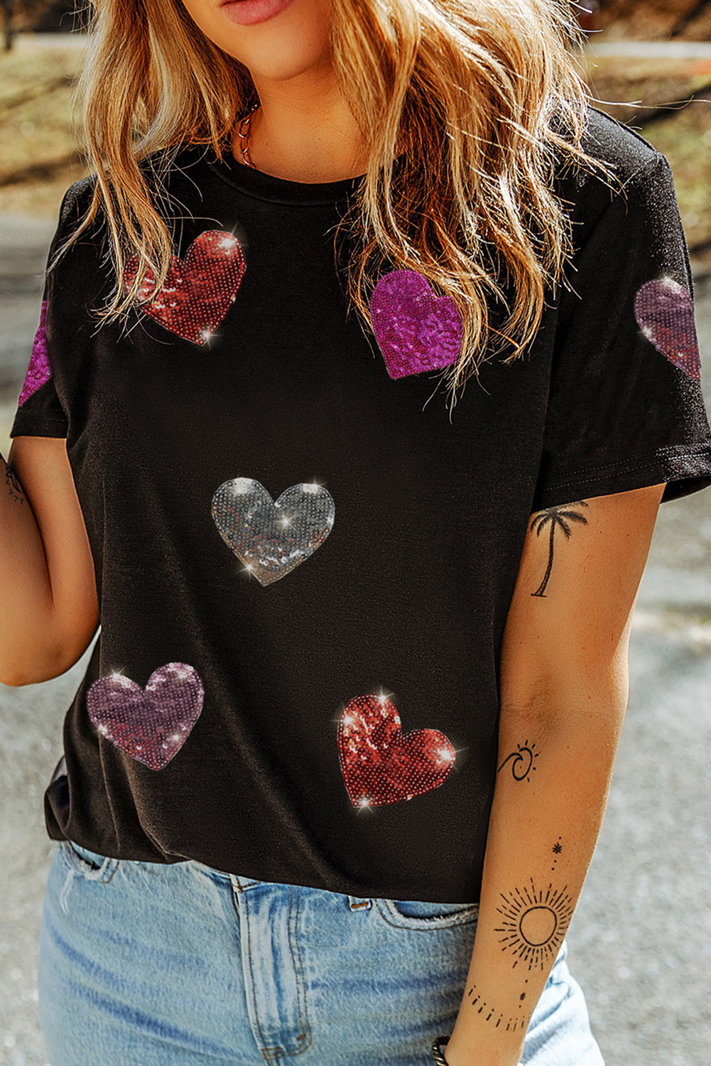  Hearts Sequin Patches Valentines Tee