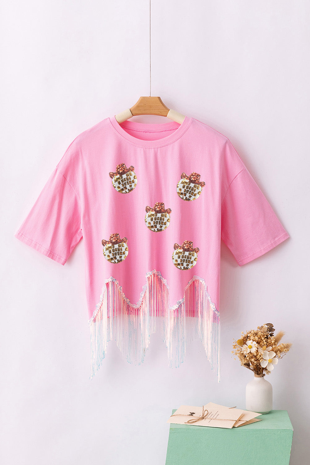 Pink Sparkle Sequin Disco Ball Tassel Top 