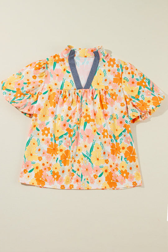 Yellow Multicolor Floral Bubble Sleeve Blouse