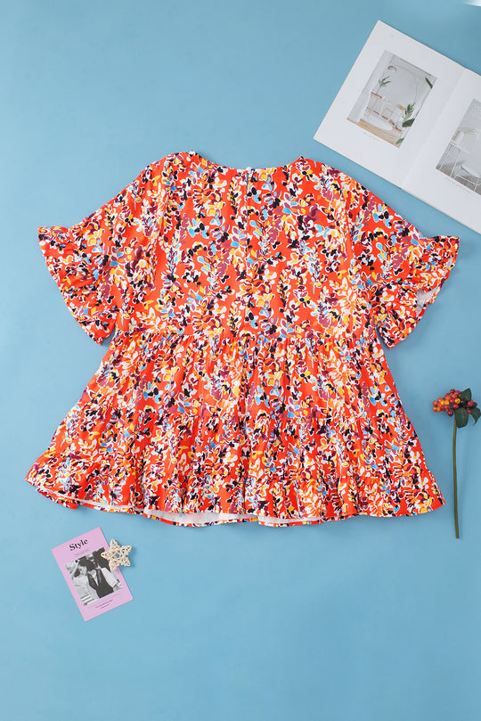 Orange Ruffled Floral Babydoll Blouse