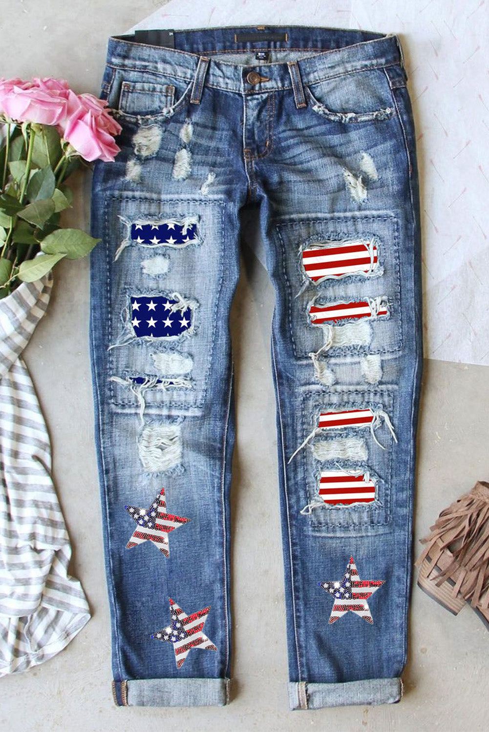  American Flag Sequin Star Distressed Graphic Denims