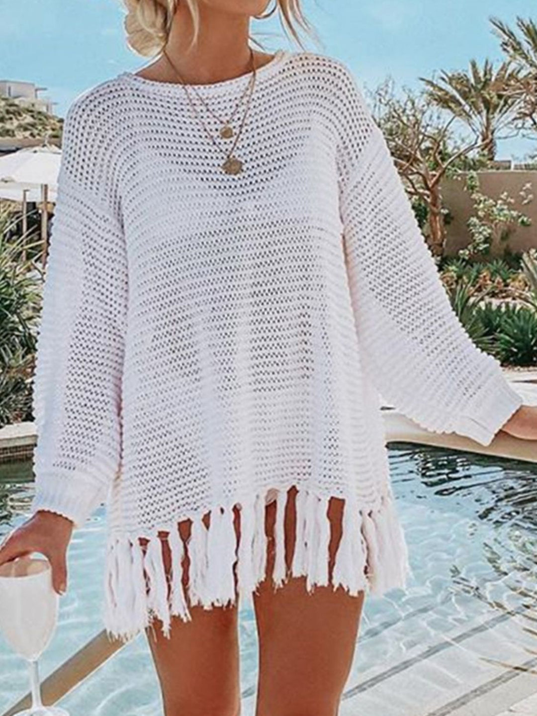 Double Take Tassel Long Sleeve Knit Cover Up