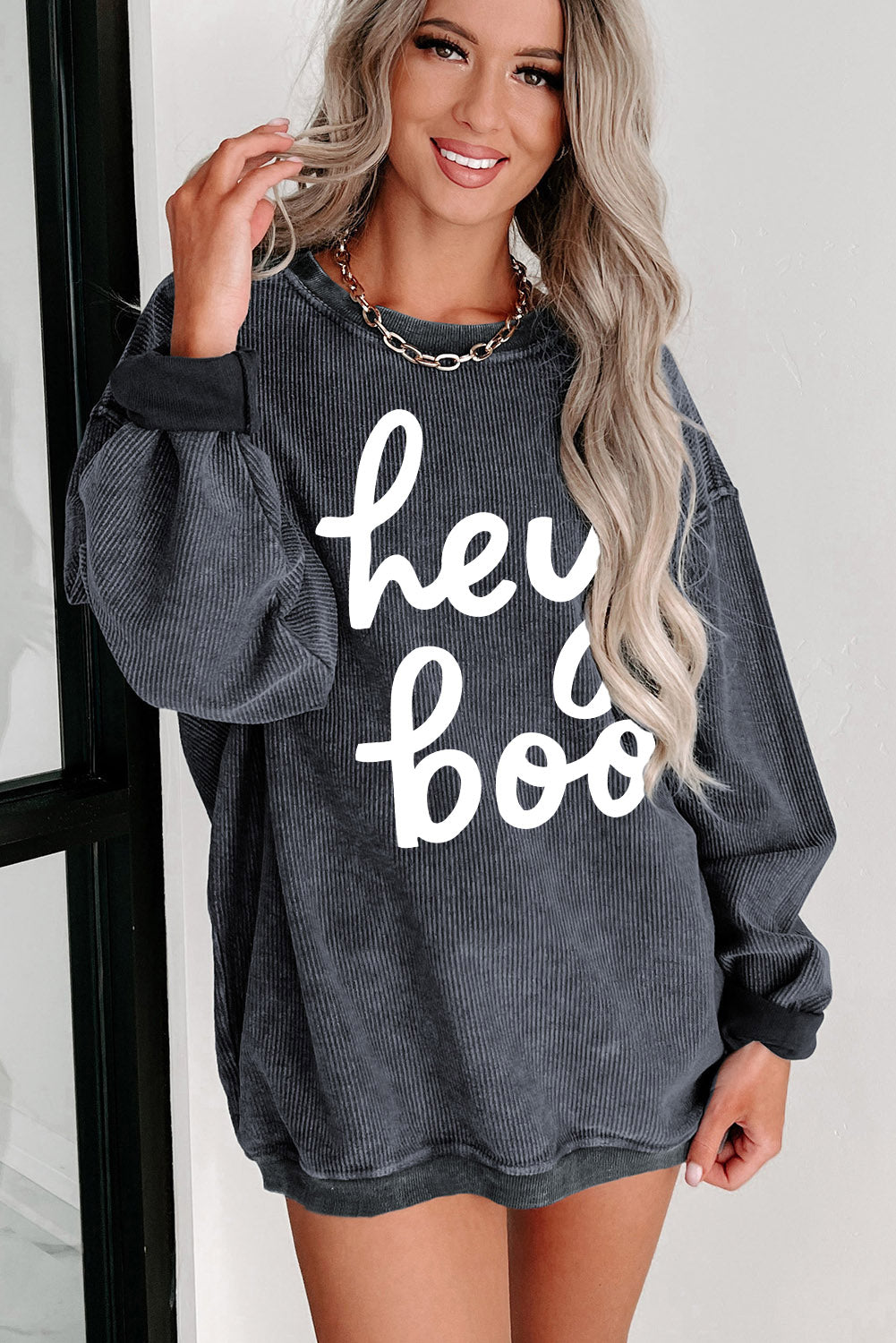 Corduroy Gray "Hey Boo" Graphic Halloween Sweatshirt