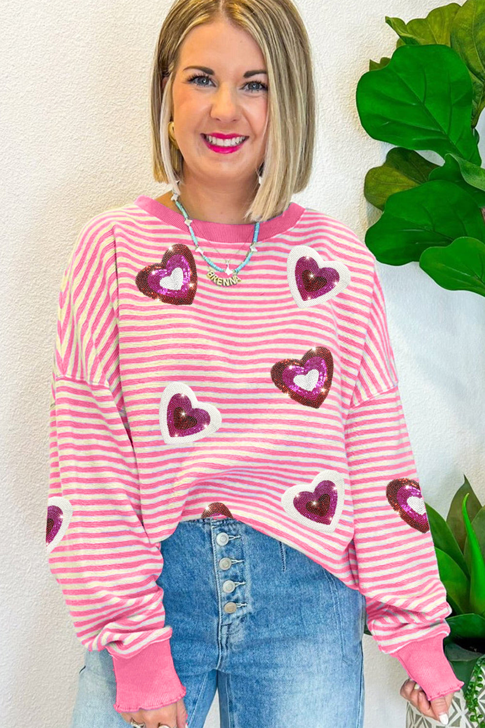 Sequin Pink Stripe Hearts Patches Valentines Sweater