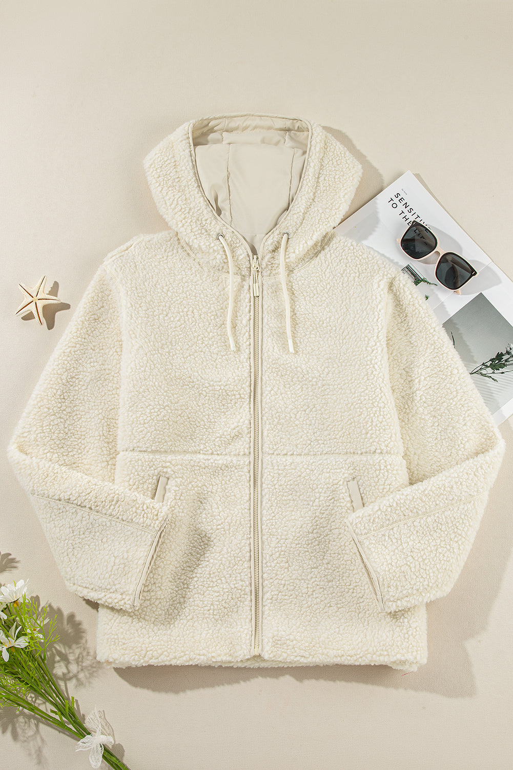 Pale Khaki Fleece Zip Up Drawstring Hooded Pocketed Jacket