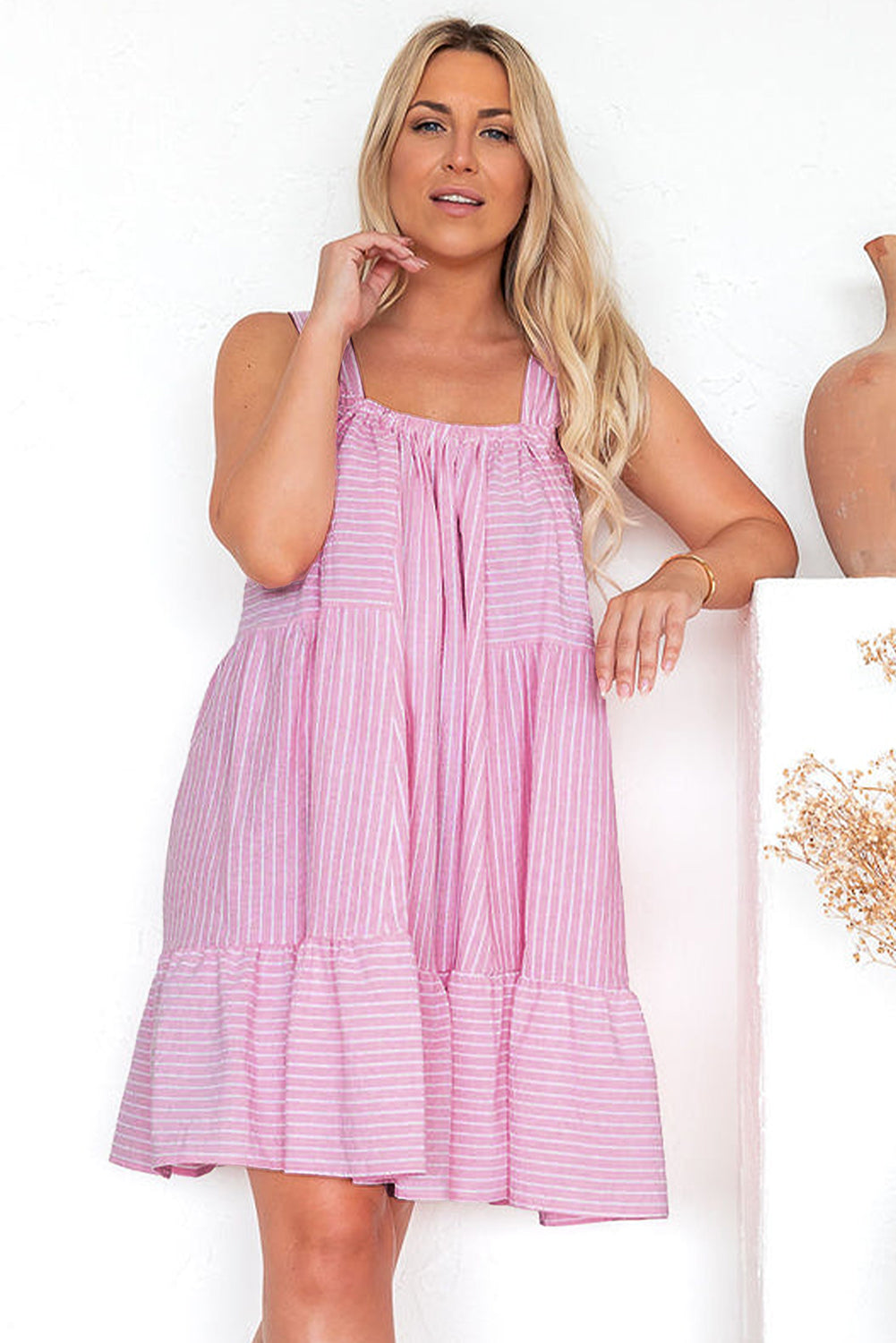 Ruffled Pink Pinstriped Mini Flared Dress