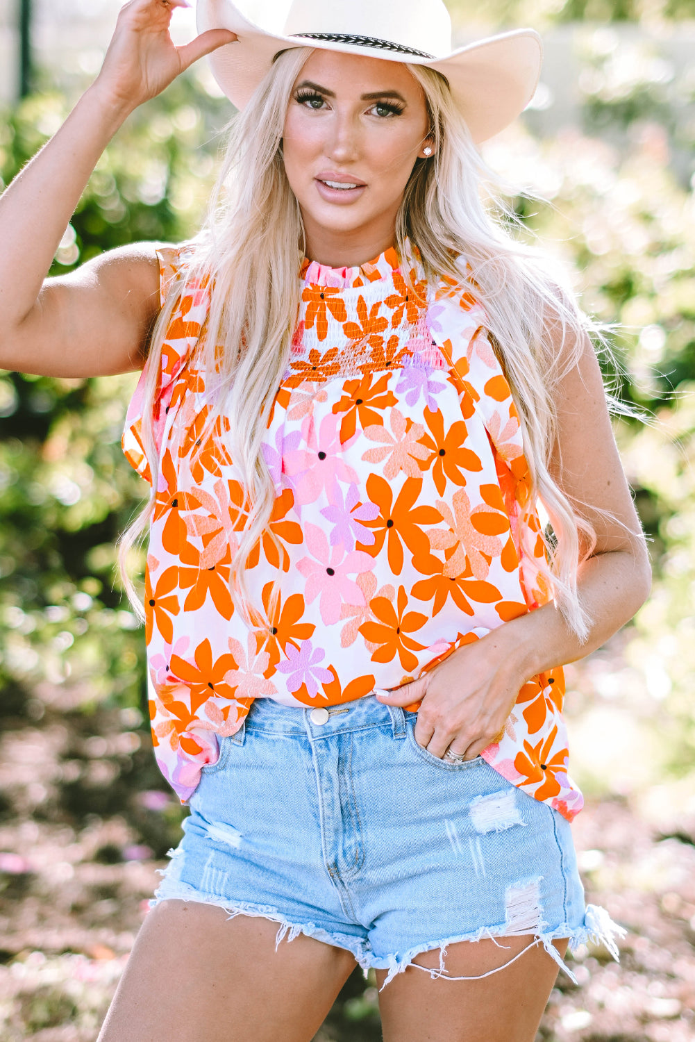  Ruffled Orange and Pink Floral Top