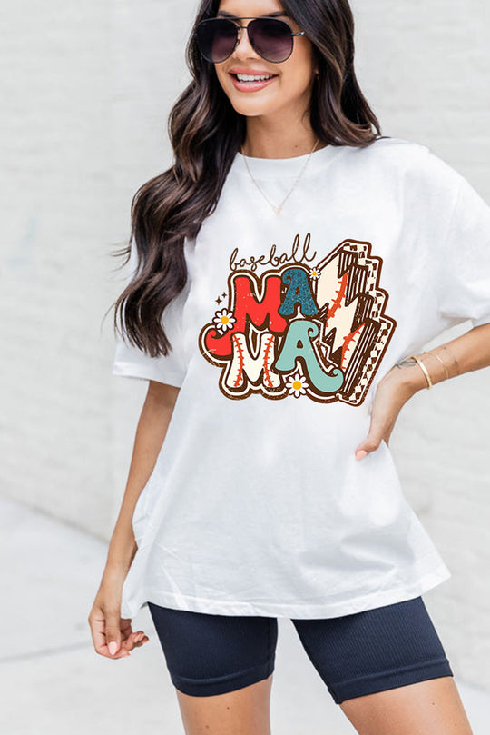 Baseball "Mama' White Bolt Graphic T Shirt - Klazzi Fashion Boutique