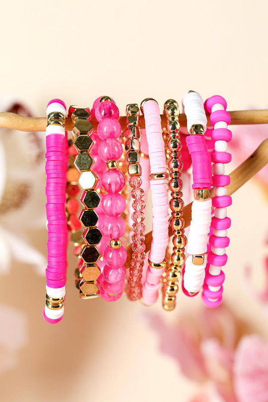 Pink 8pcs Valentine Beaded Elastic Bracelet Set