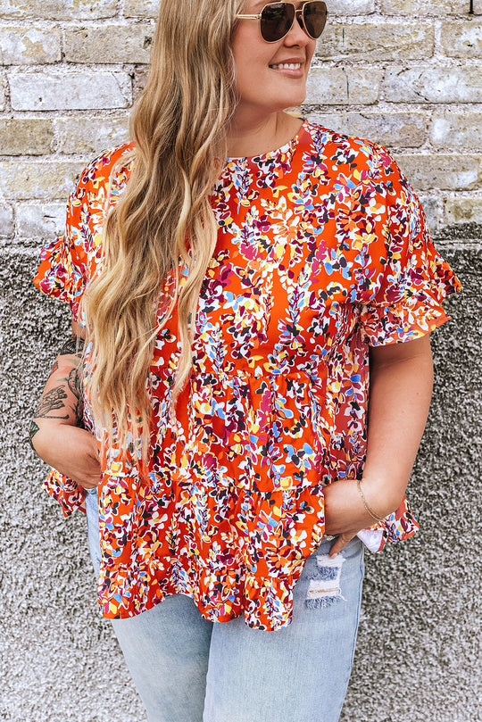 Orange Floral Ruffled Plus Size Babydoll Blouse - Klazzi Fashion Boutique