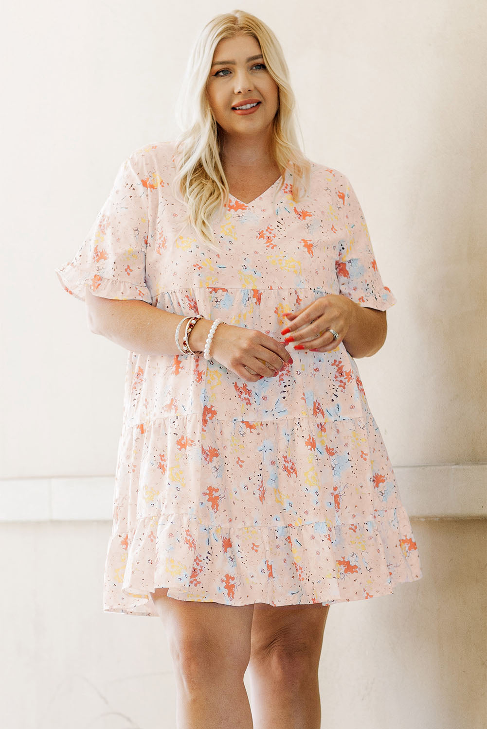  Plus Size Cream and Pink Babydoll Swing Dress