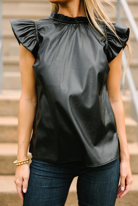 Ruffled Black Pleather Blouse