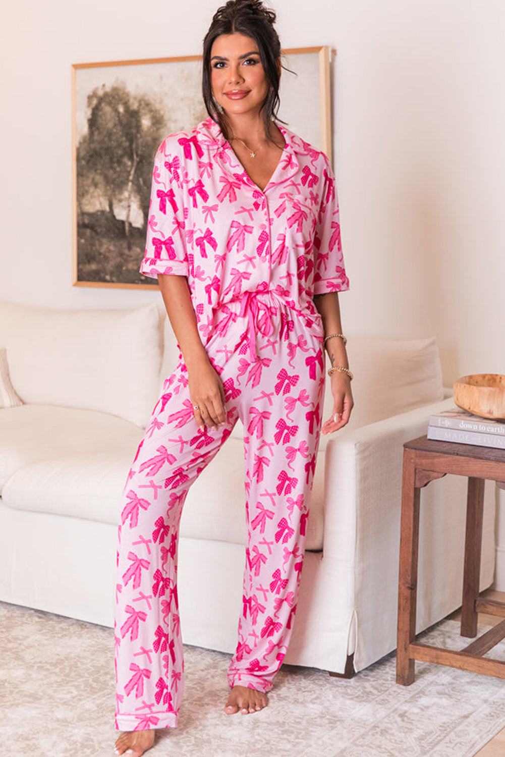 Pink Bow Knots Print Short Sleeve and Pants Pajamas Set