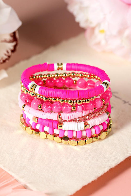 Pink 8pcs Valentine Beaded Elastic Bracelet Set