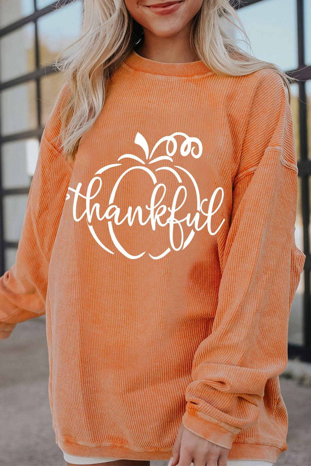 Orange Pumpkin "Thankful" Corduroy Graphic Sweatshirt