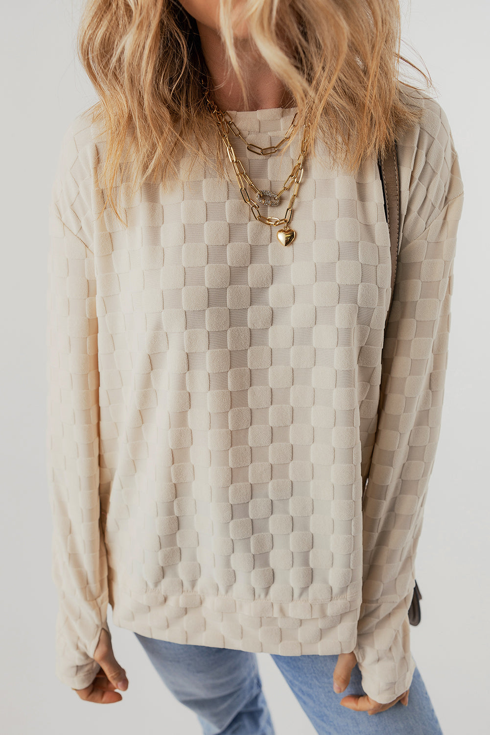 Beige Solid Textured Thumbhole Sleeve Top - Klazzi Fashion Boutique