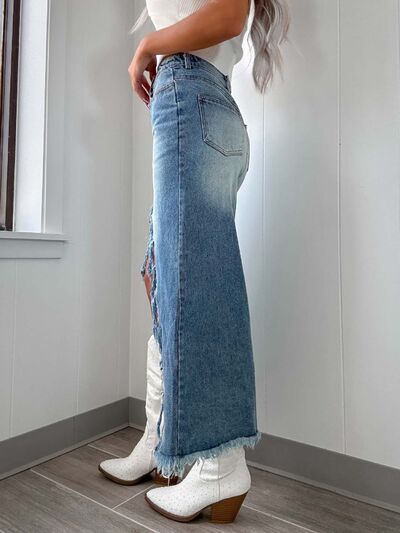 Frayed High-Waist Asymmetry Denim Skirt