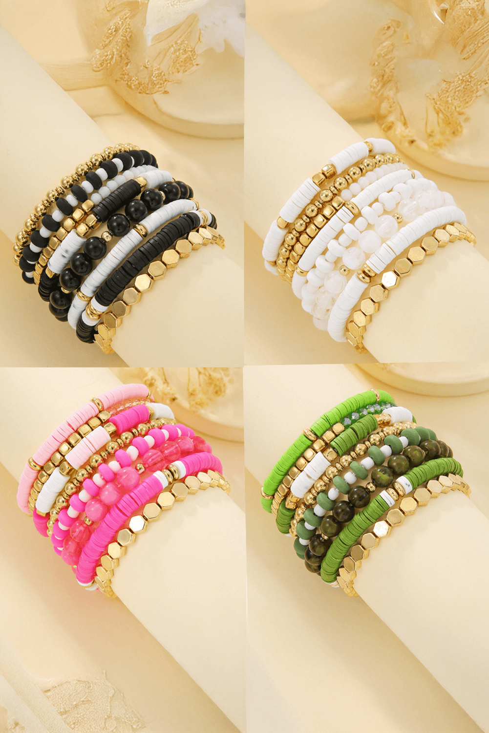 Pink 8pcs Valentine Beaded Elastic Bracelet Set