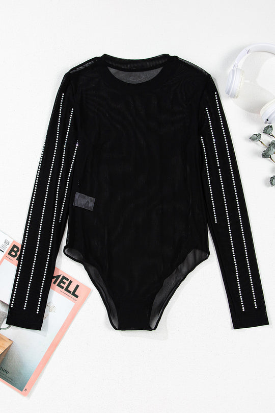  Rhinestone Striped Mesh Long Sleeve Bodysuit