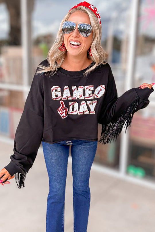  Sequin Tassel "GAME DAY" Football Cropped Sweatshirt