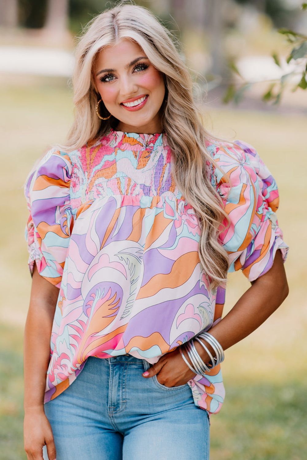 Lilac Abstract Bubble Sleeve Blouse