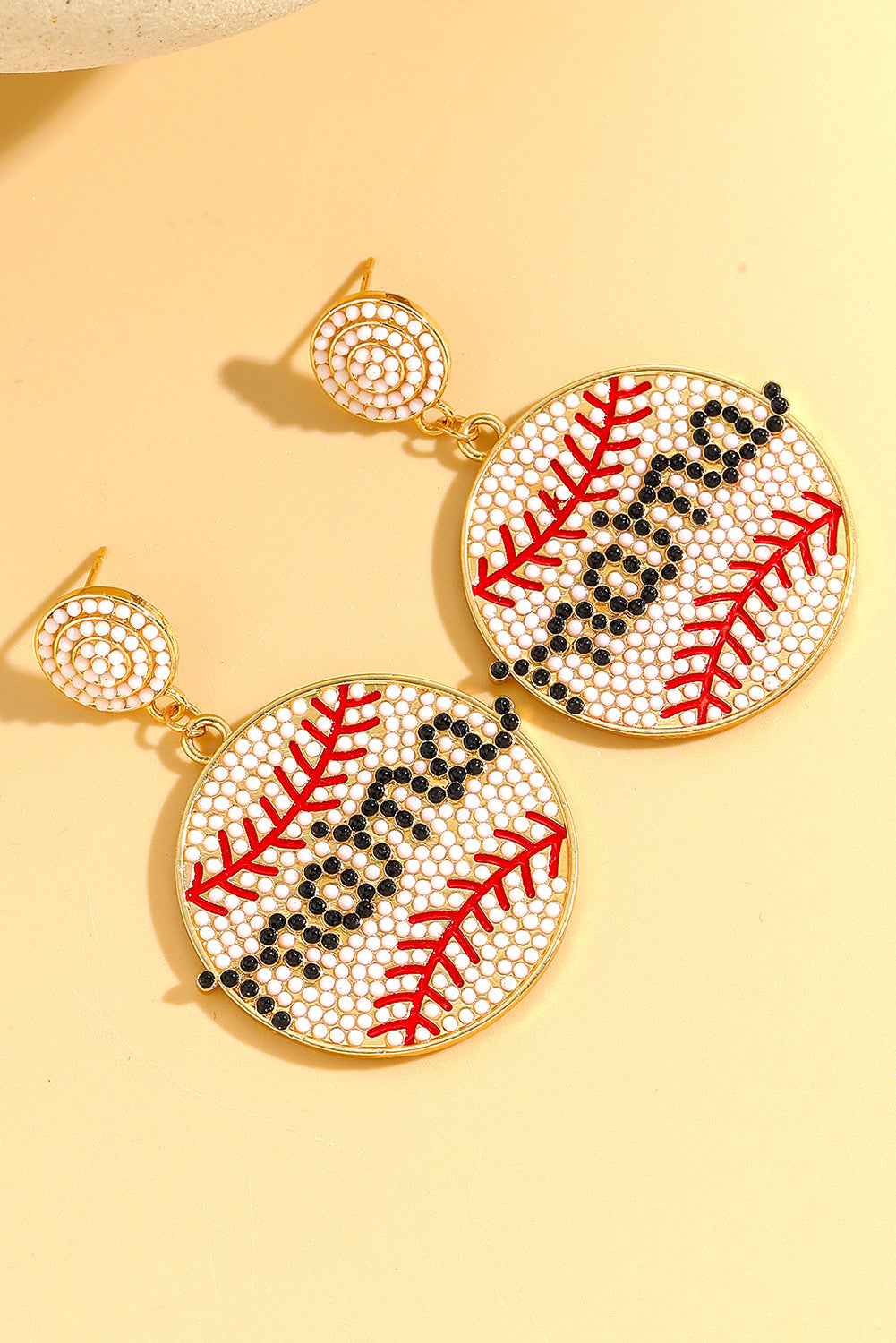 White "Mama" Beaded Baseball Shape Earrings