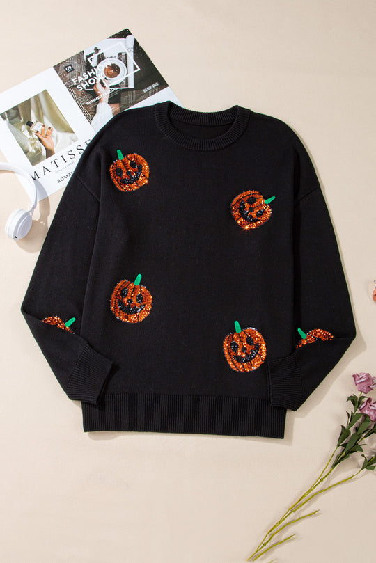 Plus Size Halloween Sequin Pumpkin Pattern Sweater