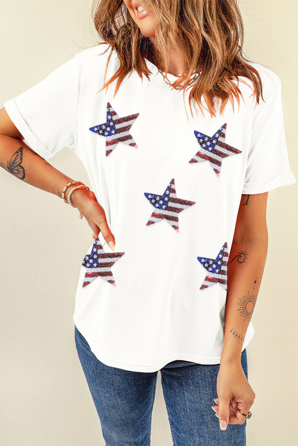 American Flag Sequin Stars Graphic T Shirt