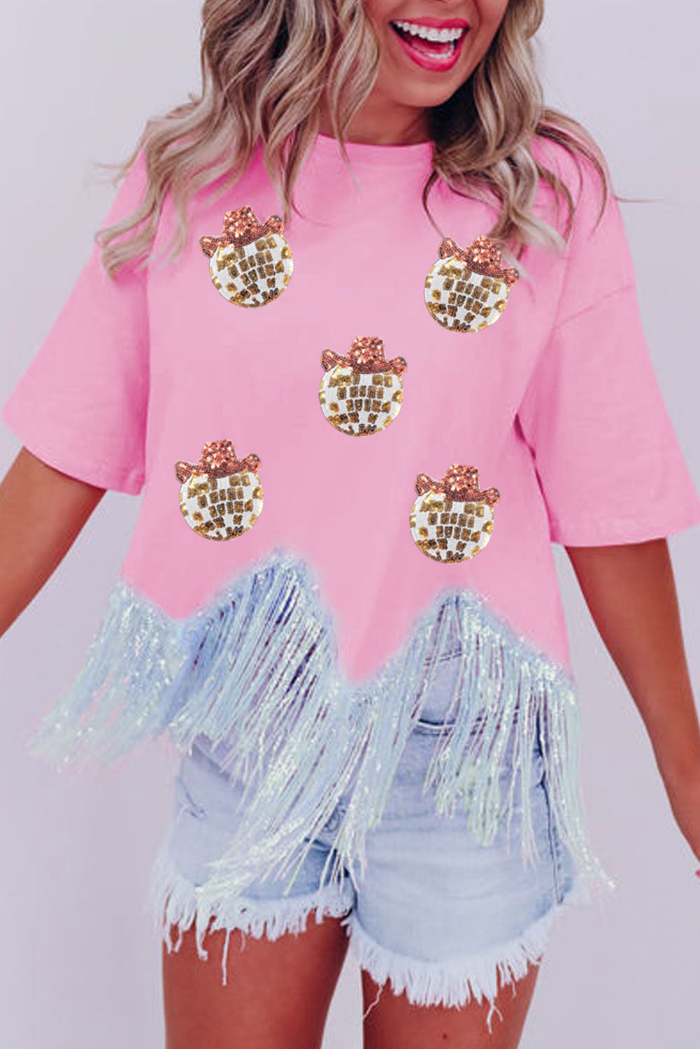 Pink Sparkle Sequin Disco Ball Tassel Top 