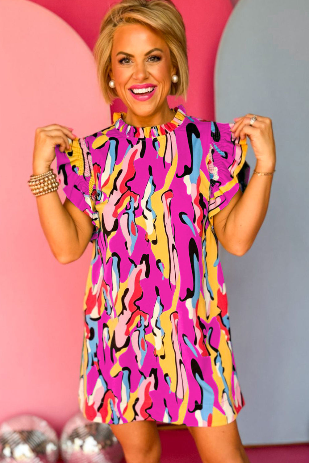  Jordan Fuchsia Multicolor Abstract Ruffled Mini Dress