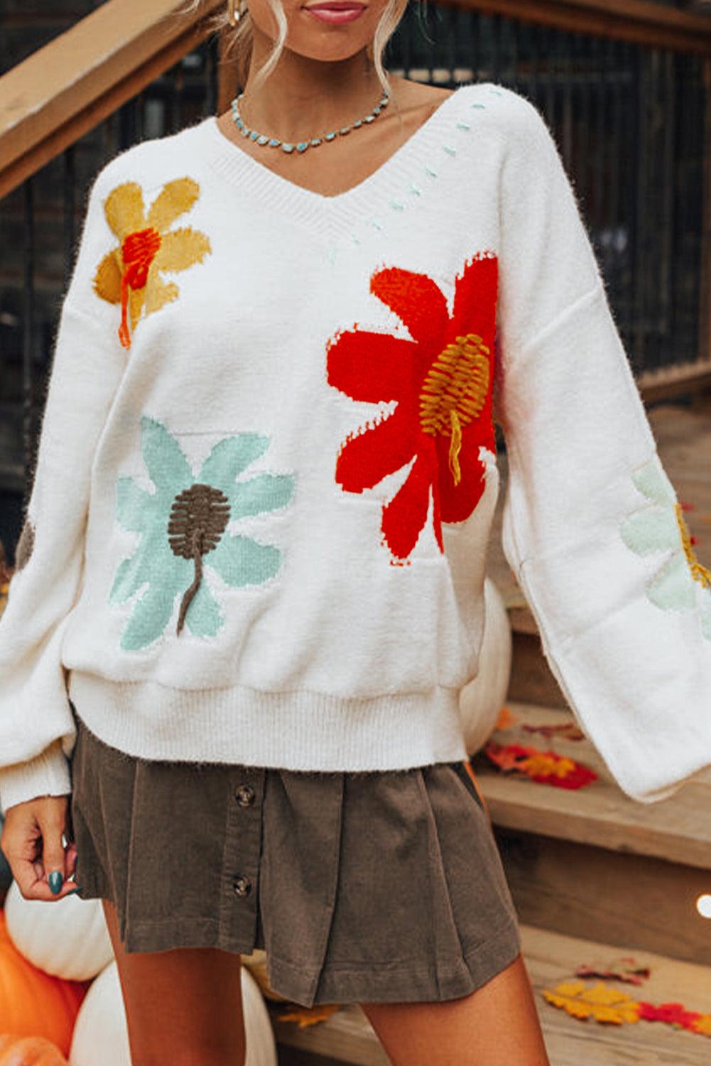 Coffee Big Flower Pattern V Neck Drop Shoulder Sweater