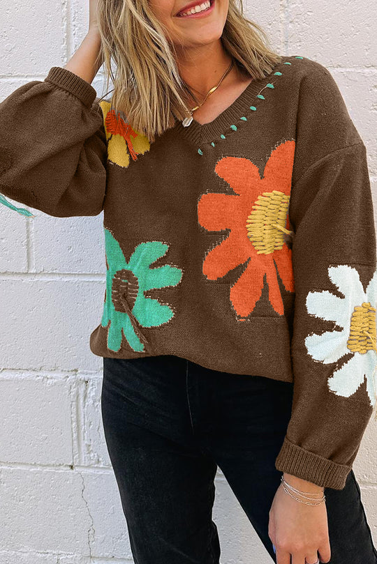 Sally Bold Flower s Coffee Sweater